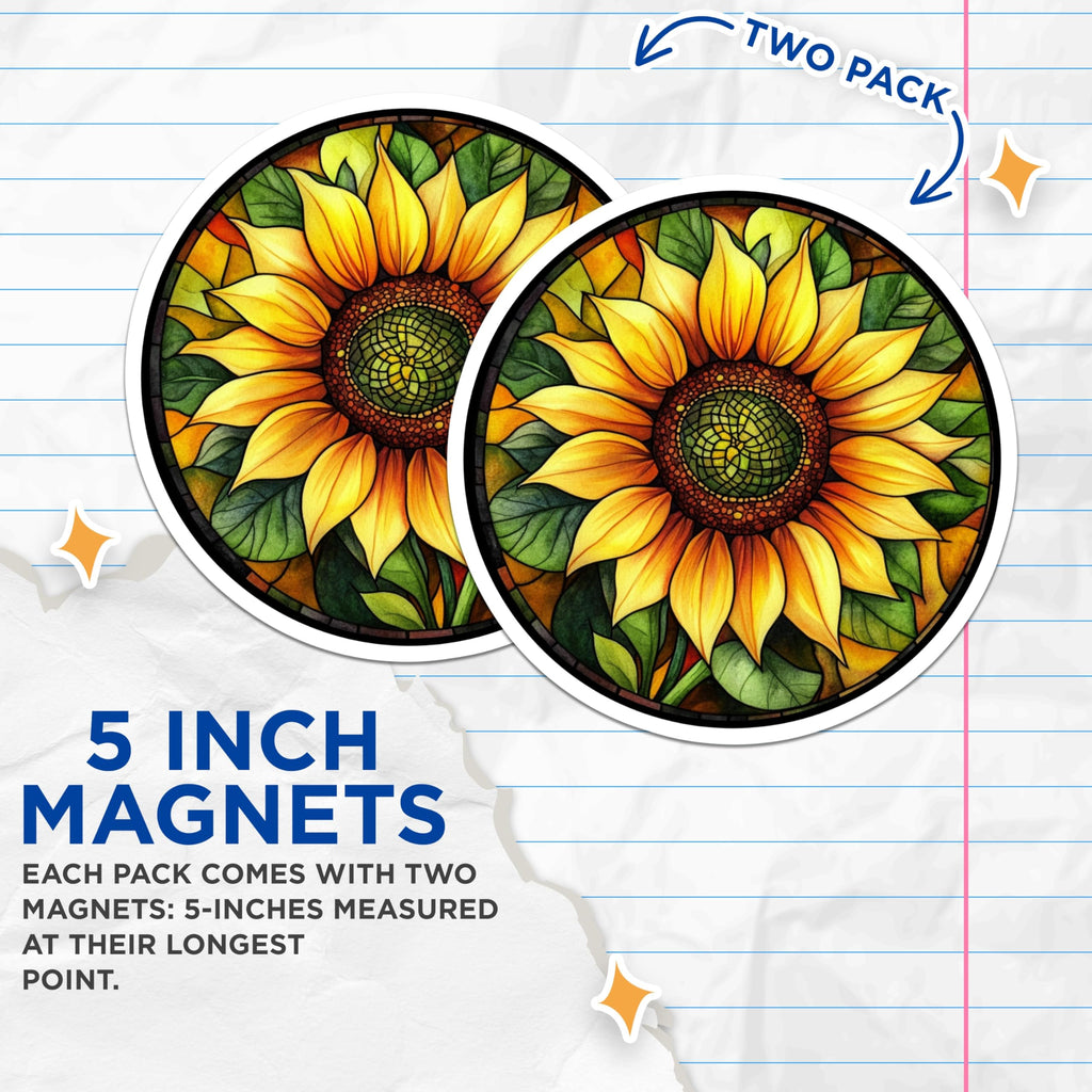 (2 Pack) Stained Glass Sunflower Magnets - Floral Art Decor - Vibrant Kitchen Fridge Accent - 5 Inches On Longest Side - Thick Durable Magnet - Made in USA - MAG23870