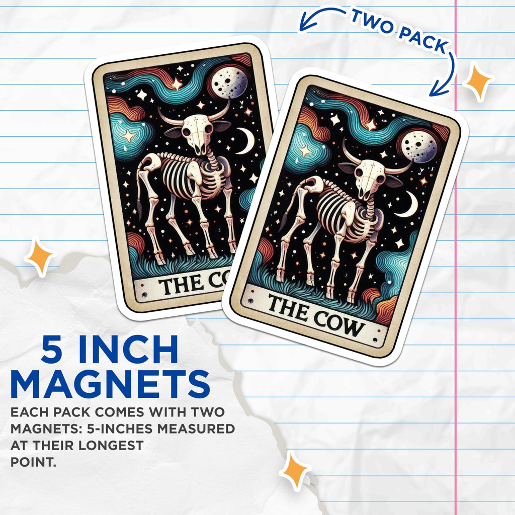 (2 Pack) Skeletal Cow Magnets - Celestial Tarot Art - Mystical Animal Decor - 5 Inches On Longest Side - Thick Durable Magnet - Made in USA - MAG20536