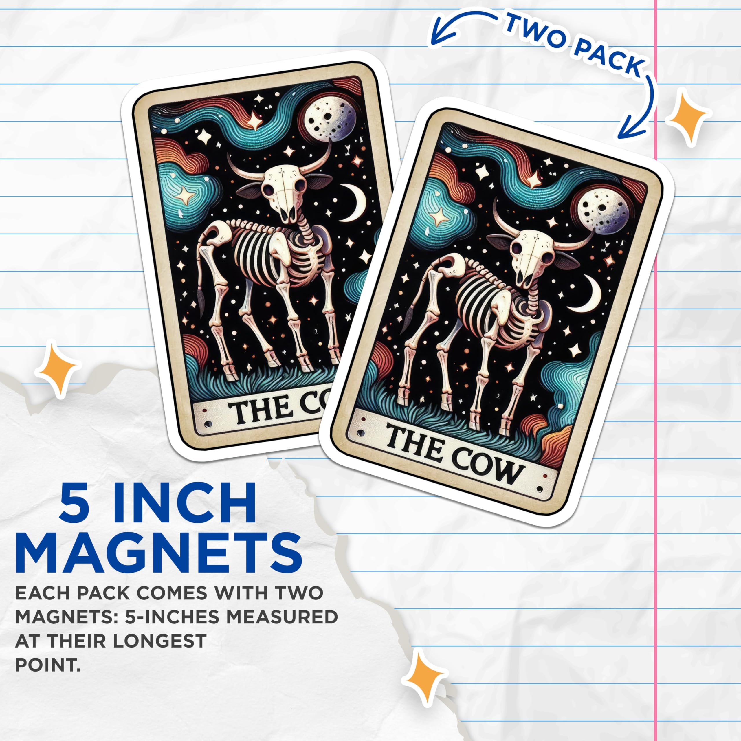 (2 Pack) Skeletal Cow Magnets - Celestial Tarot Art - Mystical Animal Decor - 5 Inches On Longest Side - Thick Durable Magnet - Made in USA - MAG20536