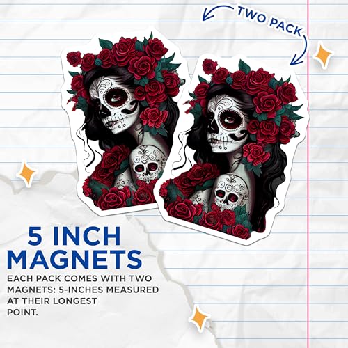 (2 Pack) Gothic Skull Magnets Magnets - Day of The Dead - Floral Skeleton Art - 5" On Longest Side - Made in USA - Sticks to Refrigerators & Metal Surfaces - MAG9203