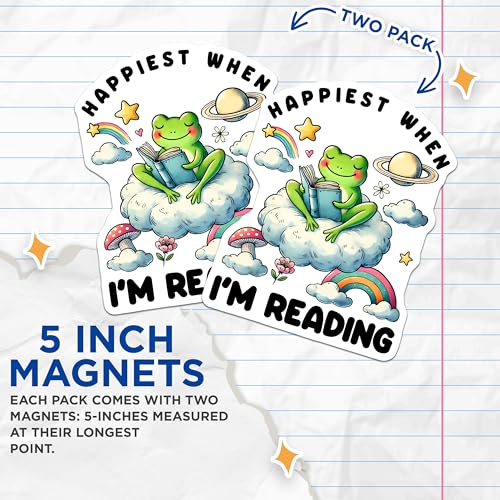 (2 Pack) Happiest When I'm Reading Magnets - Cute Frog and Clouds - 5" On Longest Side - for Cars, Fridges, Toolboxes - Made in USA - MAG7613