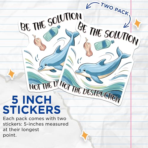 (2 Pack) Dolphin Eco-Friendly Stickers - Ocean Conservation - Motivational Decal - 5" On Longest Side - Sticks to Smooth Flat Surfaces - Made in USA - BMCS8449