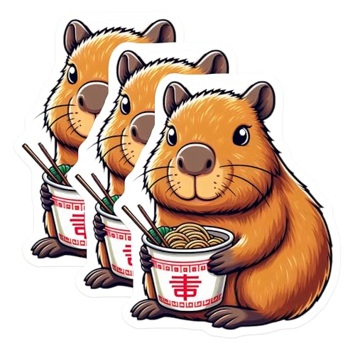 (3 Pack) Capybara Ramen Decals - Cute Rodent - Asian Food Stickers - 3 Inches On Longest Side - Easy Peel & Apply - Made in USA - 3MCS8685