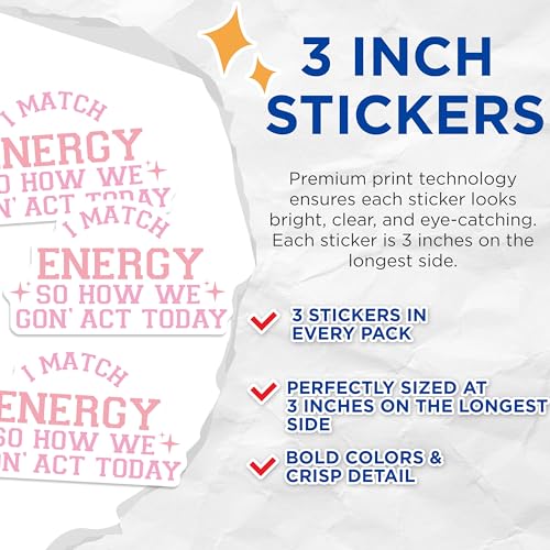(3 Pack) Energy Quote Decals - Match My Energy - Sarcastic Stickers - 3 Inches On Longest Side - Easy Peel & Apply - Made in USA - 3MCS7250