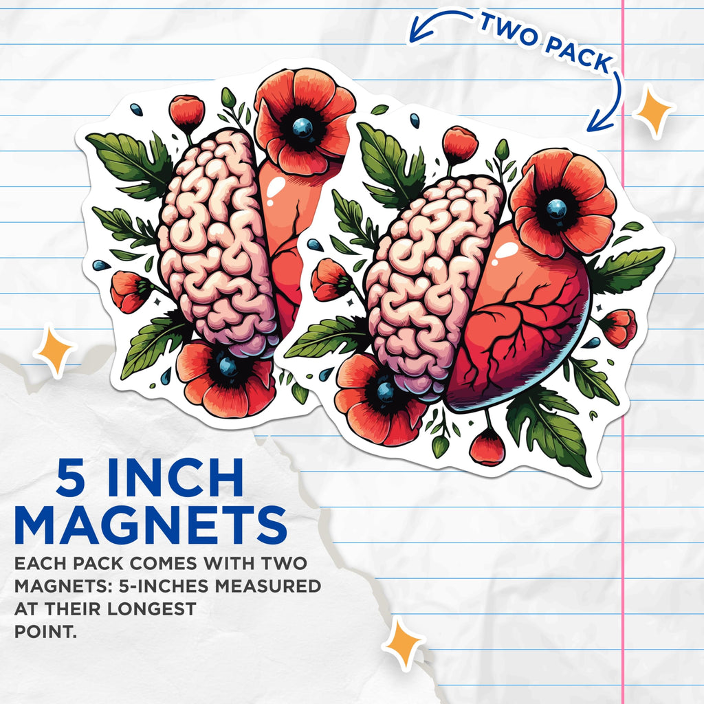(2 Pack) Brain Heart Poppies Magnets - Mental Health Art - Emotional Balance Decor - Neuroscience Floral Design - 5 Inches On Longest Side - Thick Durable Magnet - Made in USA - MAG19636