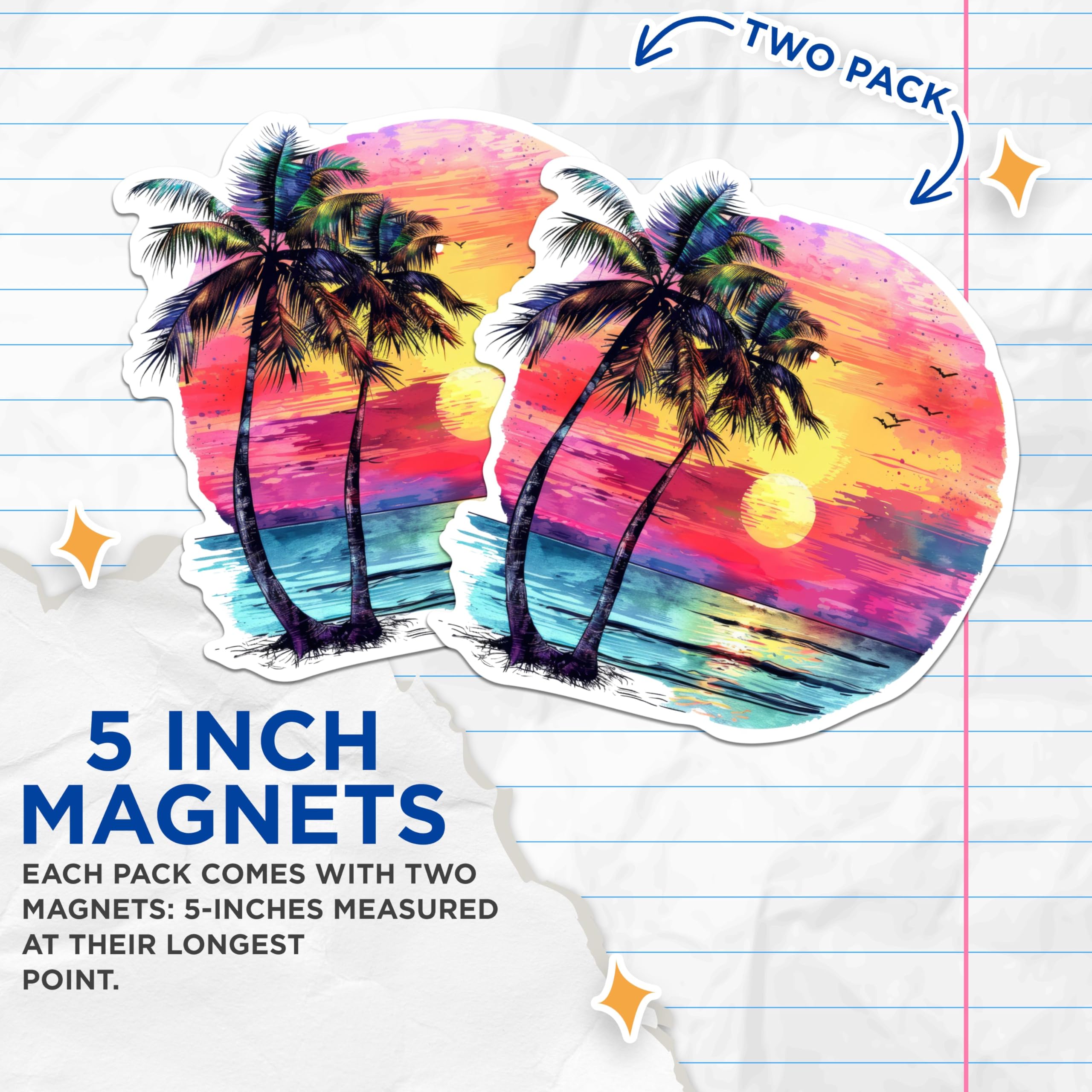 (2 Pack) Beautiful Sunset - Ocean and Sunset with Palm Trees - Serene Ocean Lover Magnet- 5 Inches On Longest Side - Premium Magnet - for Cars, Refrigerators, Toolboxes - Made in USA - MAG1724