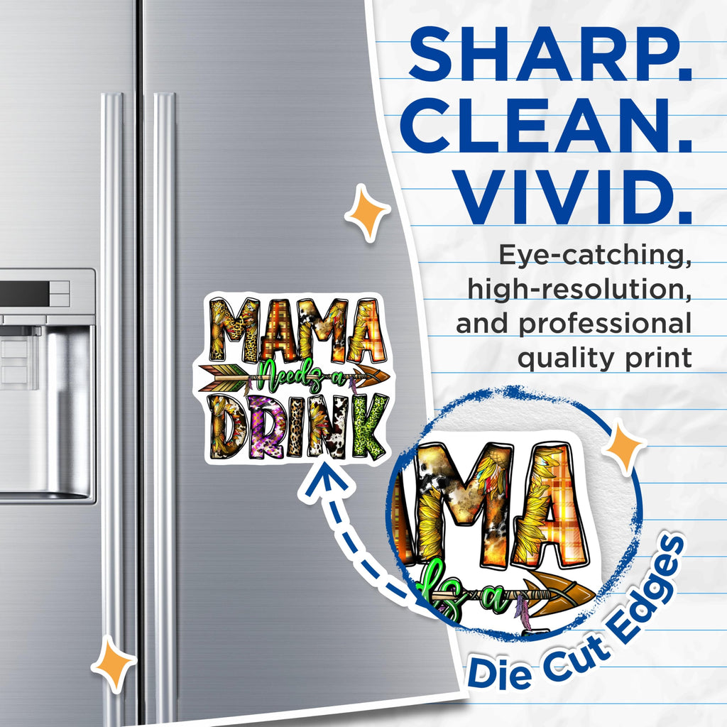 (2 Pack) Mama Needs A Drink Magnets - Funny Mom Life Sunflower - Leopard Cow Print Kitchen Decor - Refrigerator Accent - 5 Inches On Longest Side - Thick Durable Magnet - Made in USA - MAG30211