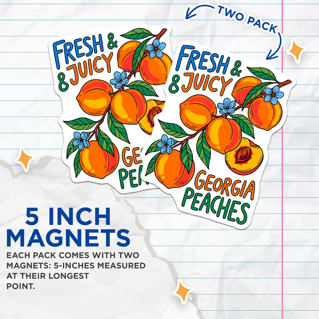(2 Pack) Georgia Peaches Magnets - Fresh Juicy Fruit - Refrigerator Magnets - 5" On Longest Side - Premium Magnet - for Cars, Refrigerators, Toolboxes, Lockers - Made in USA - MAG18270