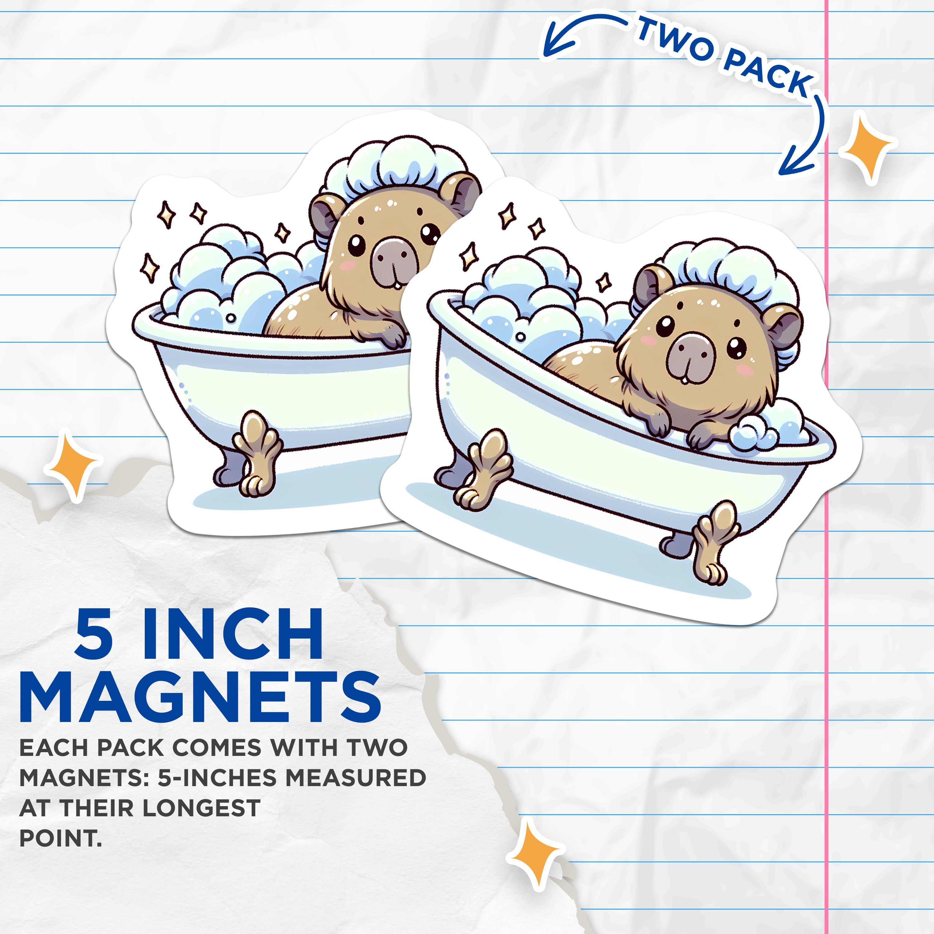 (2 Pack) Cute Capybara Bath Magnets - Kawaii Animal Fridge Decor - Cozy Whimsical Locker Magnet - 5 Inches On Longest Side - Thick Durable Magnet - Made in USA - MAG39152