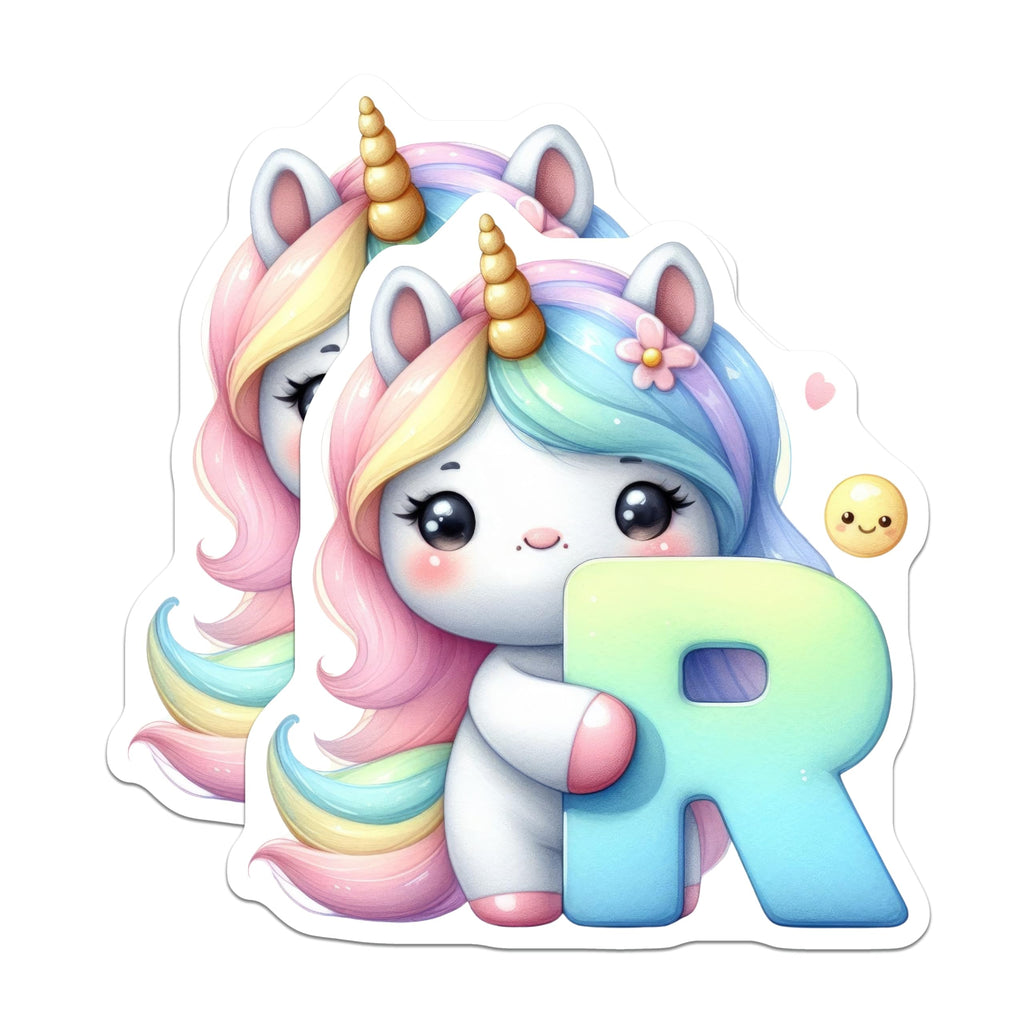 (2 Pack) Unicorn Letter R Stickers - Rainbow Unicorn Initial - Cute Alphabet Sticker- 5" On Longest Side - Sticks to Smooth Flat Surfaces - Made in USA - BMCS16165