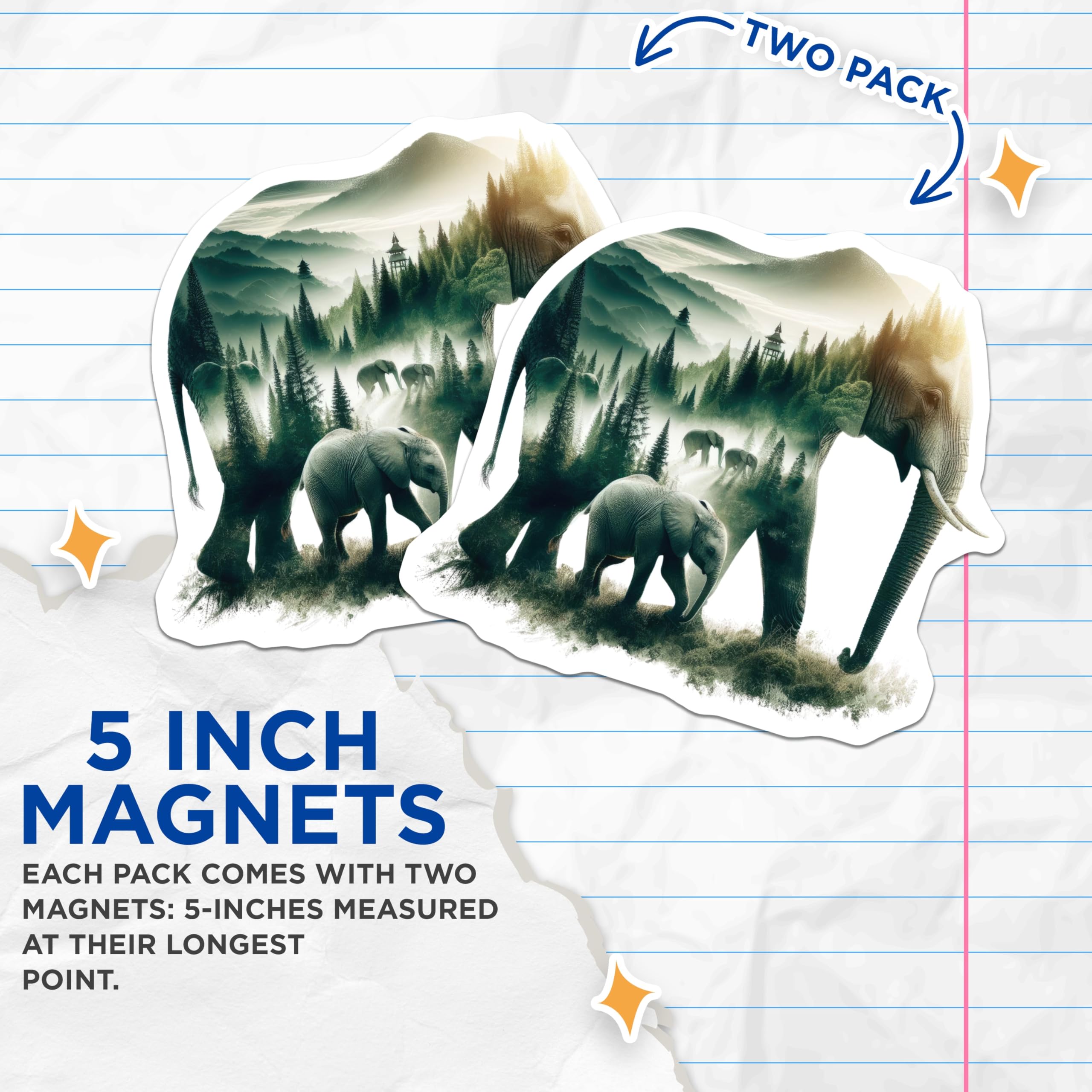 (2 Pack) Elephant Magnets - Animal Refrigerator Magnets - Wildlife Home Decor - 5" On Longest Side - Premium Magnet - for Cars, Refrigerators, Toolboxes, Lockers - Made in USA - MAG16030