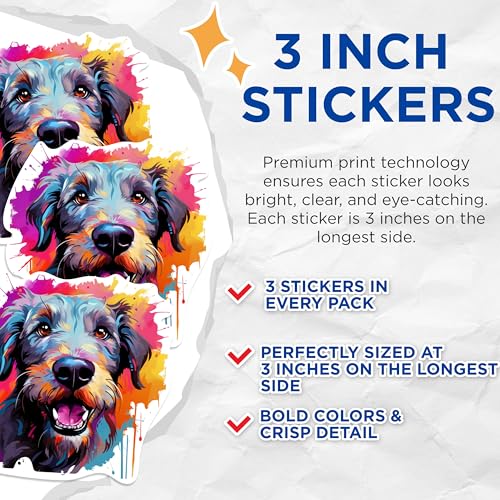 (3 Pack) Colorful Dog Decals - Artistic Puppy - Laptop Decals - 3 Inches On Longest Side - Easy Peel & Apply - Made in USA - 3MCS0754