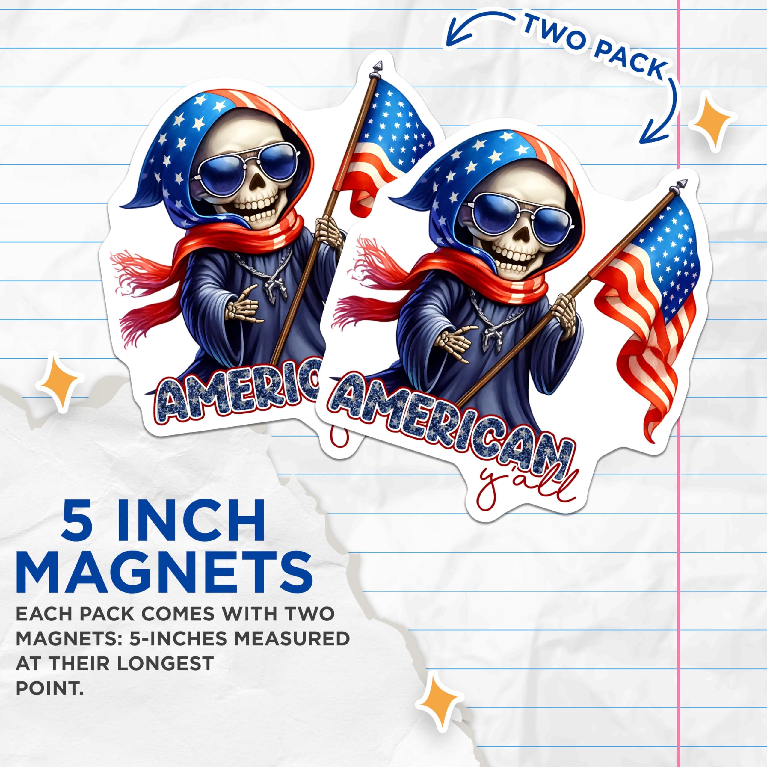 (2 Pack) American Y'all Magnets - Patriotic Skeleton Decor - Independence Day Decoration - 5" On Longest Side - for Cars, Fridges, Toolboxes - Made in USA - MAG7926