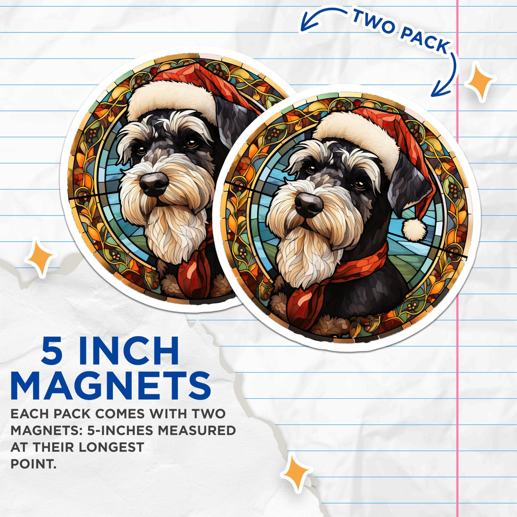 (2 Pack) Schnauzer Christmas Magnets - Stained Glass Dog Art - Holiday Pet Decor - 5 Inches On Longest Side - Thick Durable Magnet - Made in USA - MAG27510