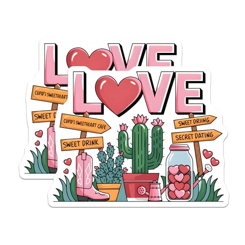 (2 Pack) Love Cactus Stickers - Cute Valentines Stickers - Romantic Plant Decor Sticker - 5" On Longest Side - Sticks to Smooth Flat Surfaces - Made in USA - BMCS4389