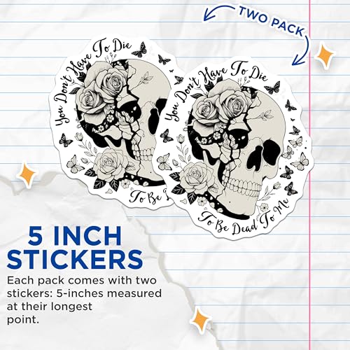 (2 Pack) Skull Art Stickers - Butterfly and Rose - Gothic Aesthetic Decal - 5" On Longest Side - Sticks to Smooth Flat Surfaces - Made in USA - BMCS7390