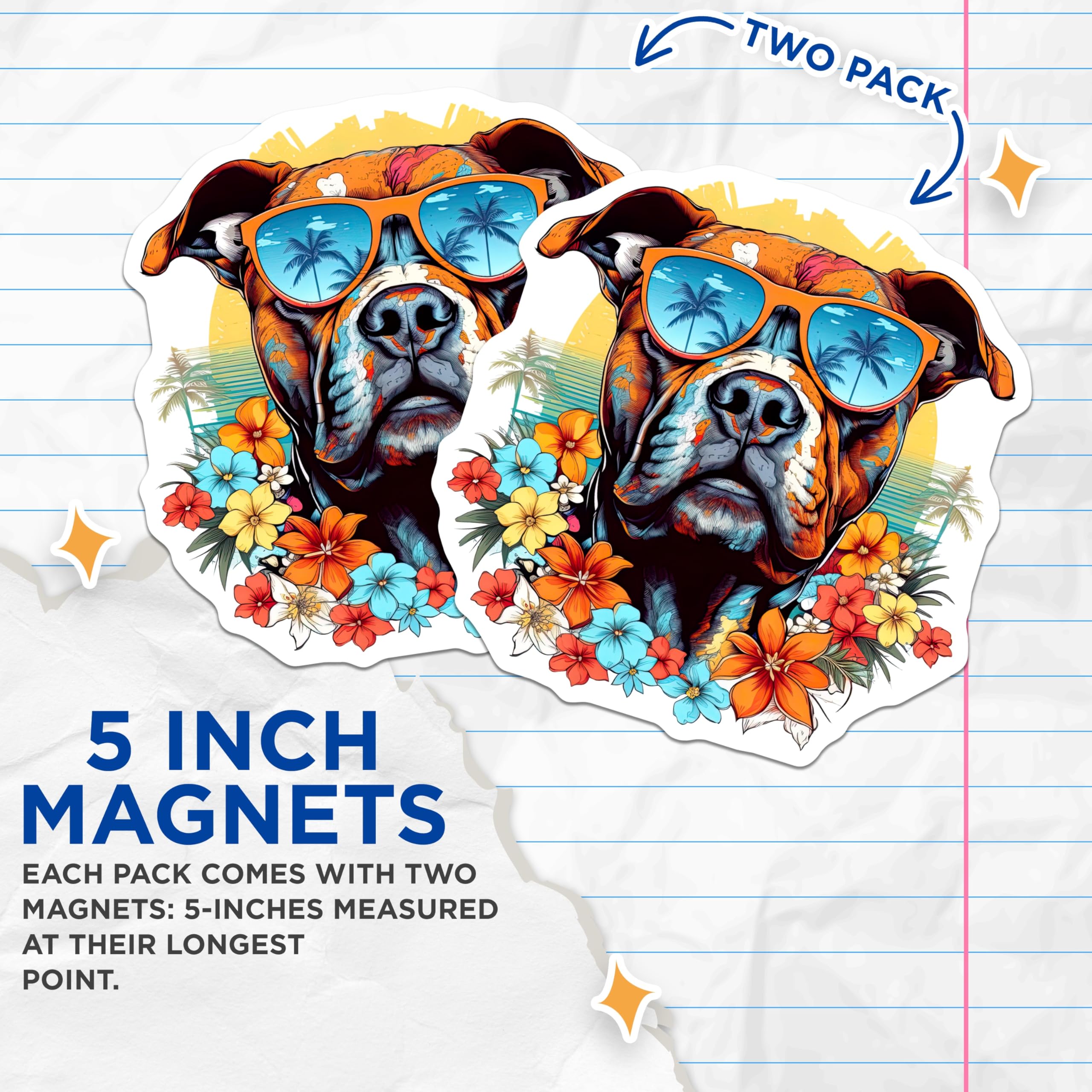 (2 Pack) Pitbull Dog Magnets - Vibrant Summer Sunglasses - Hawaiian Tropical Flower Art - 5 Inches On Longest Side - Thick Durable Magnet - Made in USA - MAG20233