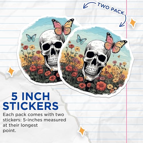 (2 Pack) Skull Flower Garden Stickers - Butterfly Skull Decor - Skull Art Stickers - Floral Skull Stickers - 5" On Longest Side - Sticks to Smooth Flat Surfaces - Made in USA - BMCS4237