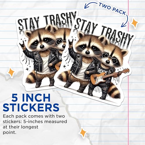 (2 Pack) Stay Trashy Raccoon Stickers - Rock and Roll Stickers - Cute Animal Stickers - 5" On Longest Side - Sticks to Smooth Flat Surfaces - Made in USA - BMCS5328