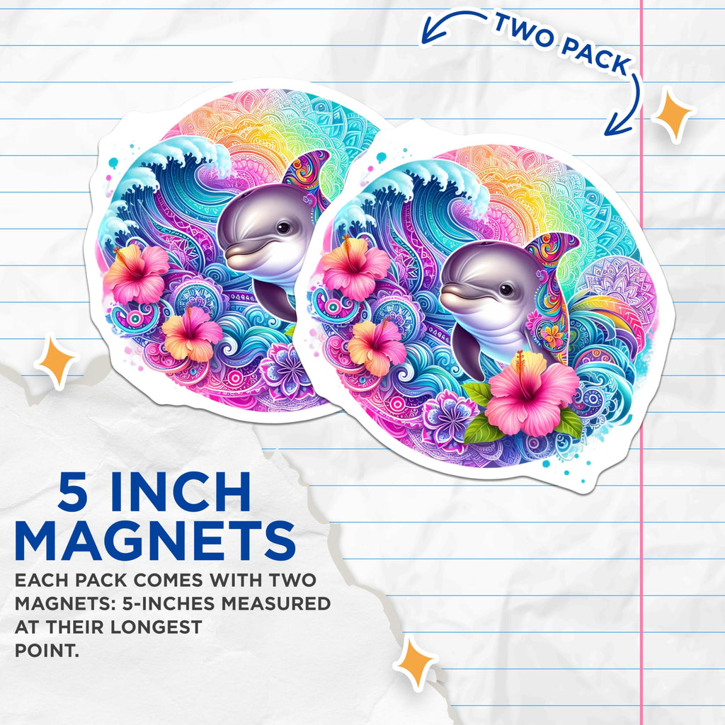 (2 Pack) Ocean Sea Life Magnet - Colorful Dolphin Decor - 5" On Longest Side - Sticks to Smooth Flat Surfaces - Made in USA - MAG9480