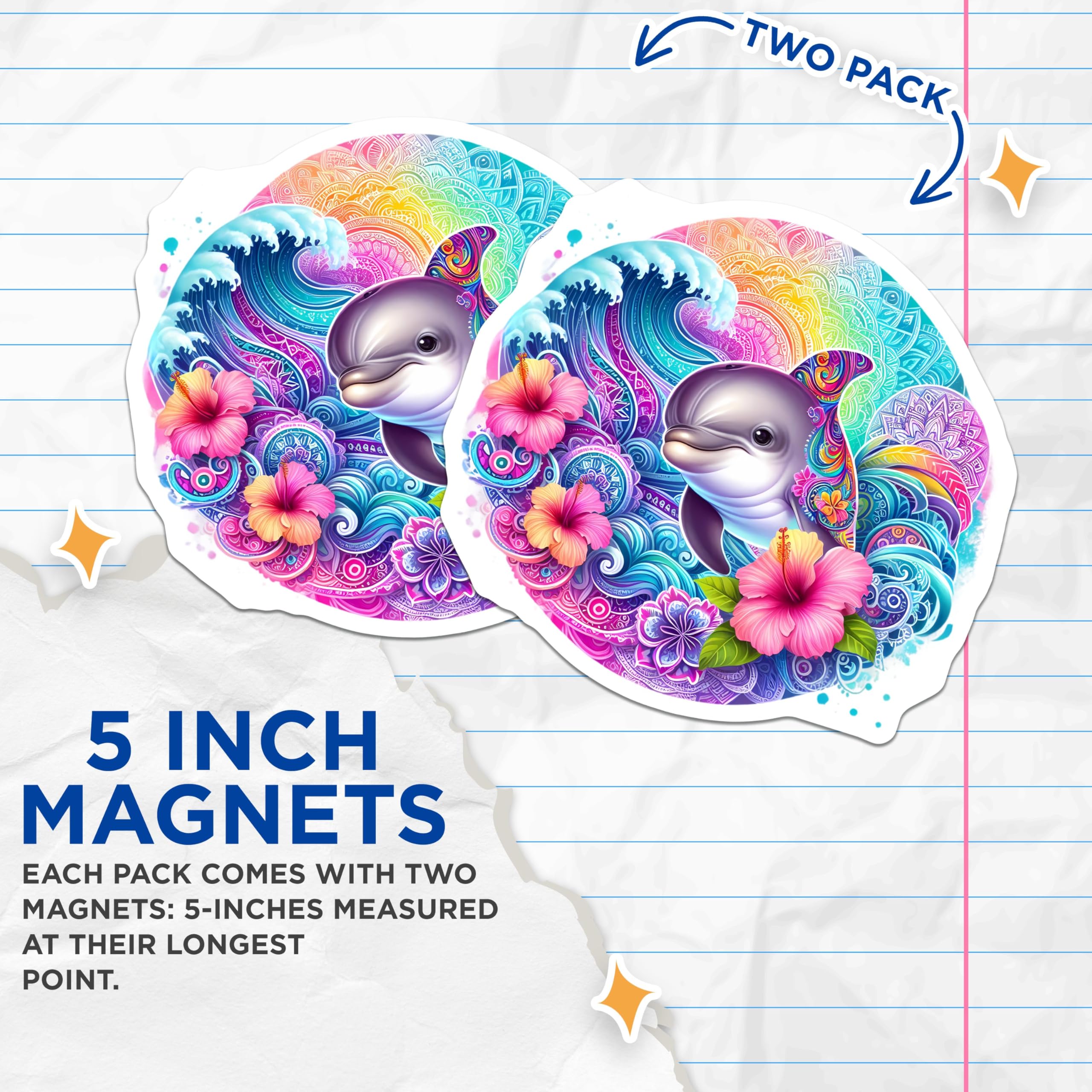 (2 Pack) Ocean Sea Life Magnet - Colorful Dolphin Decor - 5" On Longest Side - Sticks to Smooth Flat Surfaces - Made in USA - MAG9480