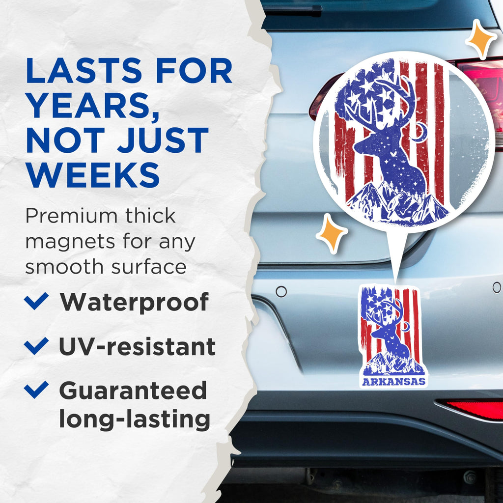 (2 Pack) Arkansas Deer Magnets - Patriotic American Flag Art - State Pride Souvenir - 5" On Longest Side - Premium Magnet - for Cars, Refrigerators, Toolboxes, Lockers - Made in USA - MAG18088