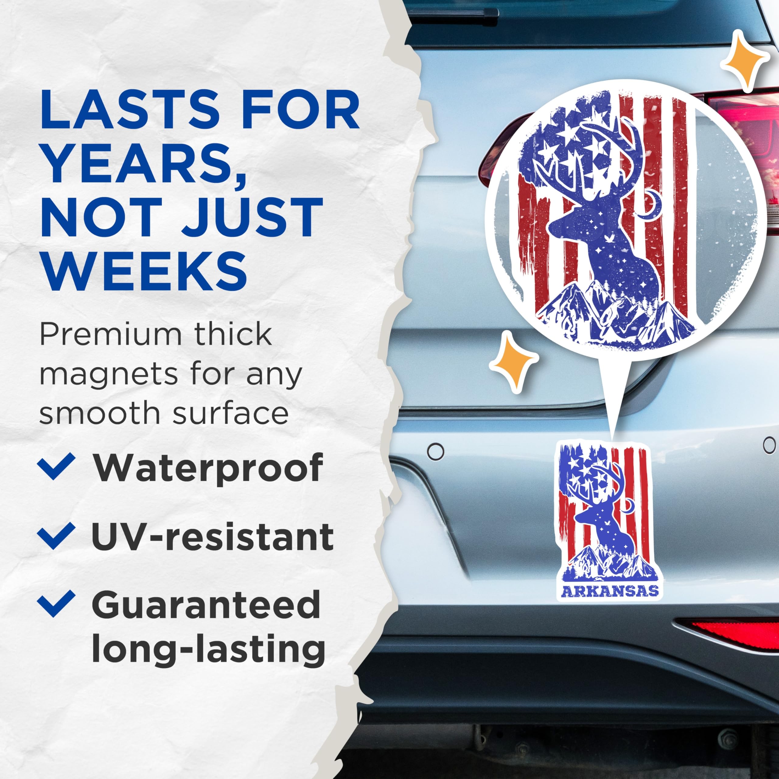 (2 Pack) Arkansas Deer Magnets - Patriotic American Flag Art - State Pride Souvenir - 5" On Longest Side - Premium Magnet - for Cars, Refrigerators, Toolboxes, Lockers - Made in USA - MAG18088