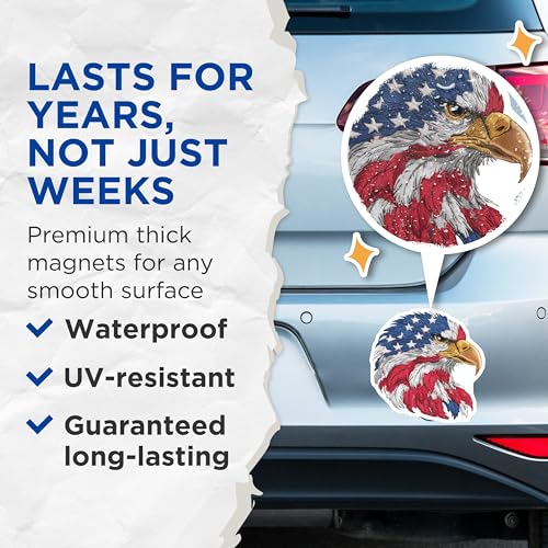 (2 Pack) Bald Eagle Magnets - American Flag Patriotic Decor - USA Eagle Art Emblem - 5" On Longest Side - for Cars, Fridges, Toolboxes - Made in USA - MAG7207