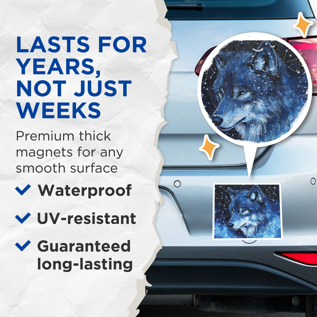 (2 Pack) Cosmic Wolf Magnets - Blue Starry Night Animal Decor - Mystical Wildlife Art Accents - 5 Inches On Longest Side - Thick Durable Magnet - Made in USA - MAG39537