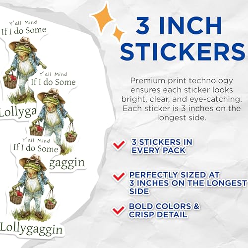 (3 Pack) Frog Lollygaggin Decals - Funny Animal Decals - Country Frog Sticker - 3 Inches On Longest Side - Easy Peel & Apply - Made in USA - 3MCS2245