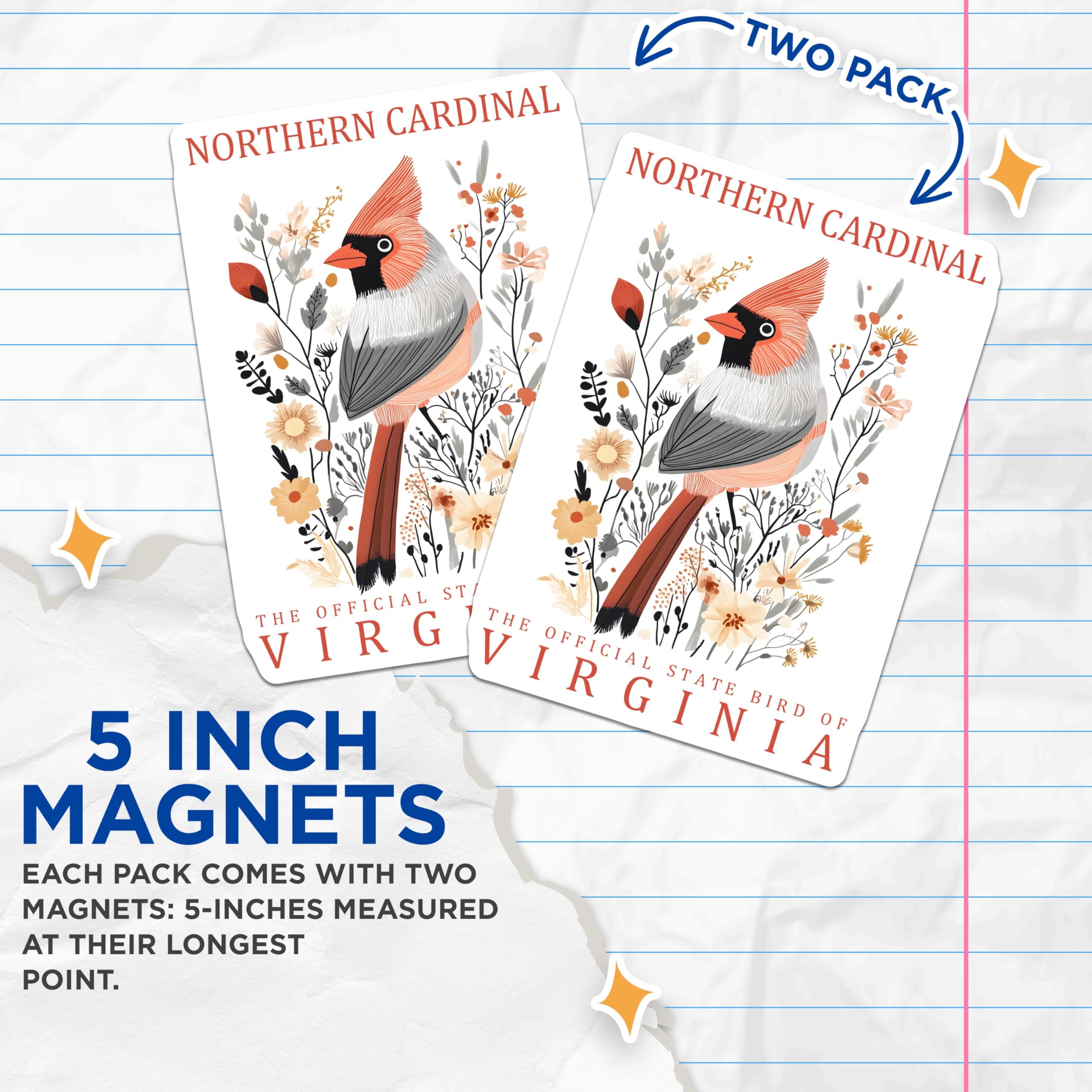 (2 Pack) Northern Cardinal Magnets - Virginia State Bird Decor - Bird Lover Kitchen Magnets - 5" On Longest Side - Premium Magnet - for Cars, Refrigerators, Toolboxes, Lockers - Made in USA - MAG18573