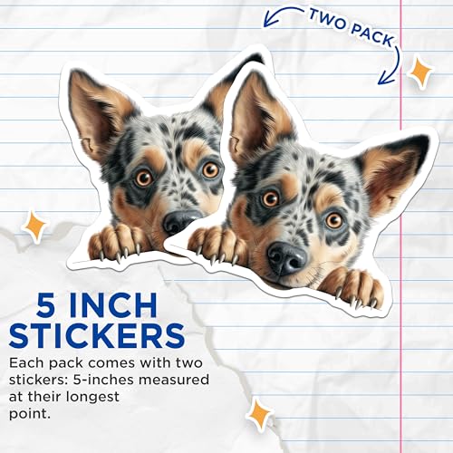 (2 Pack) Cute Dog Stickers - Australian Cattle Dog Art - Cartoon Pet Decal Set - 5" On Longest Side - Sticks to Smooth Flat Surfaces - Made in USA - BMCS9836