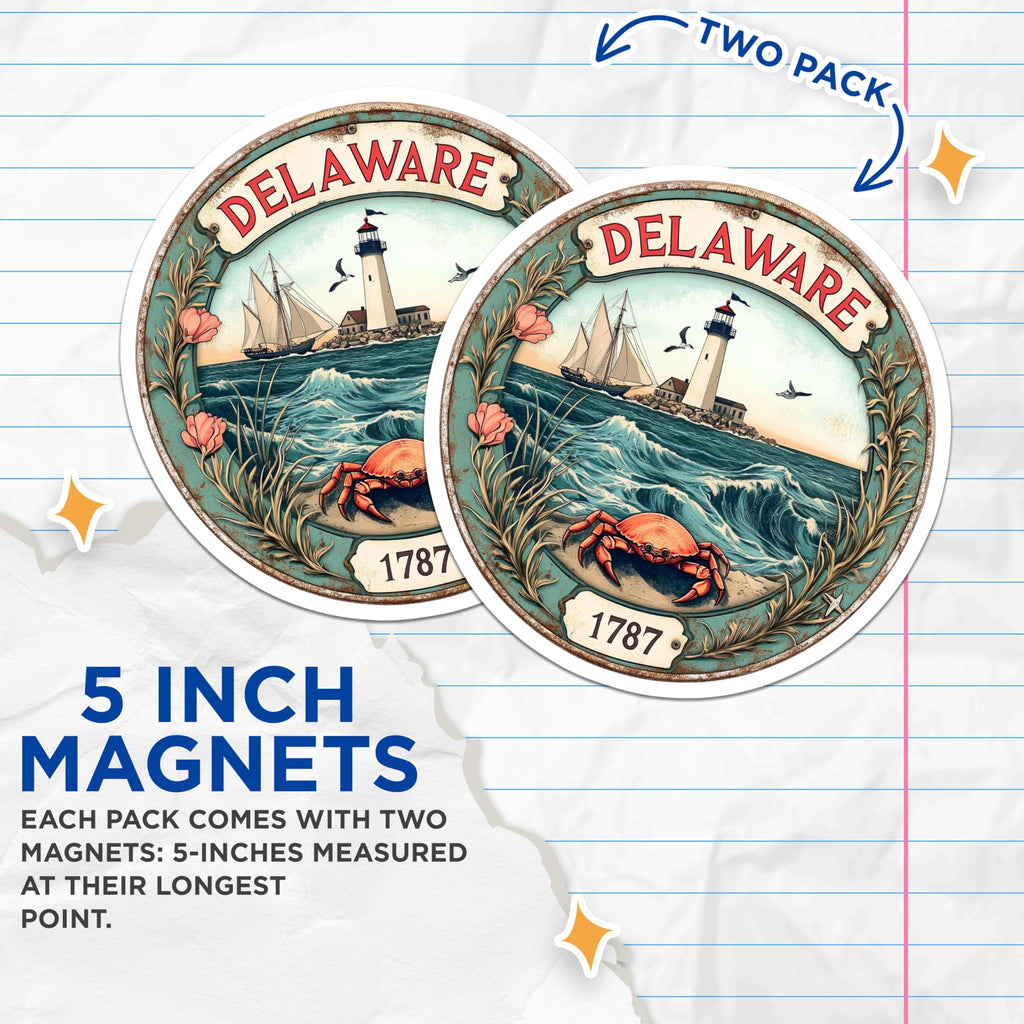 (2 Pack) Delaware State Magnets - Lighthouse Boat Scene - Coastal Kitchen Decor - 5" On Longest Side - Premium Magnet - for Cars, Refrigerators, Toolboxes, Lockers - Made in USA - MAG14778