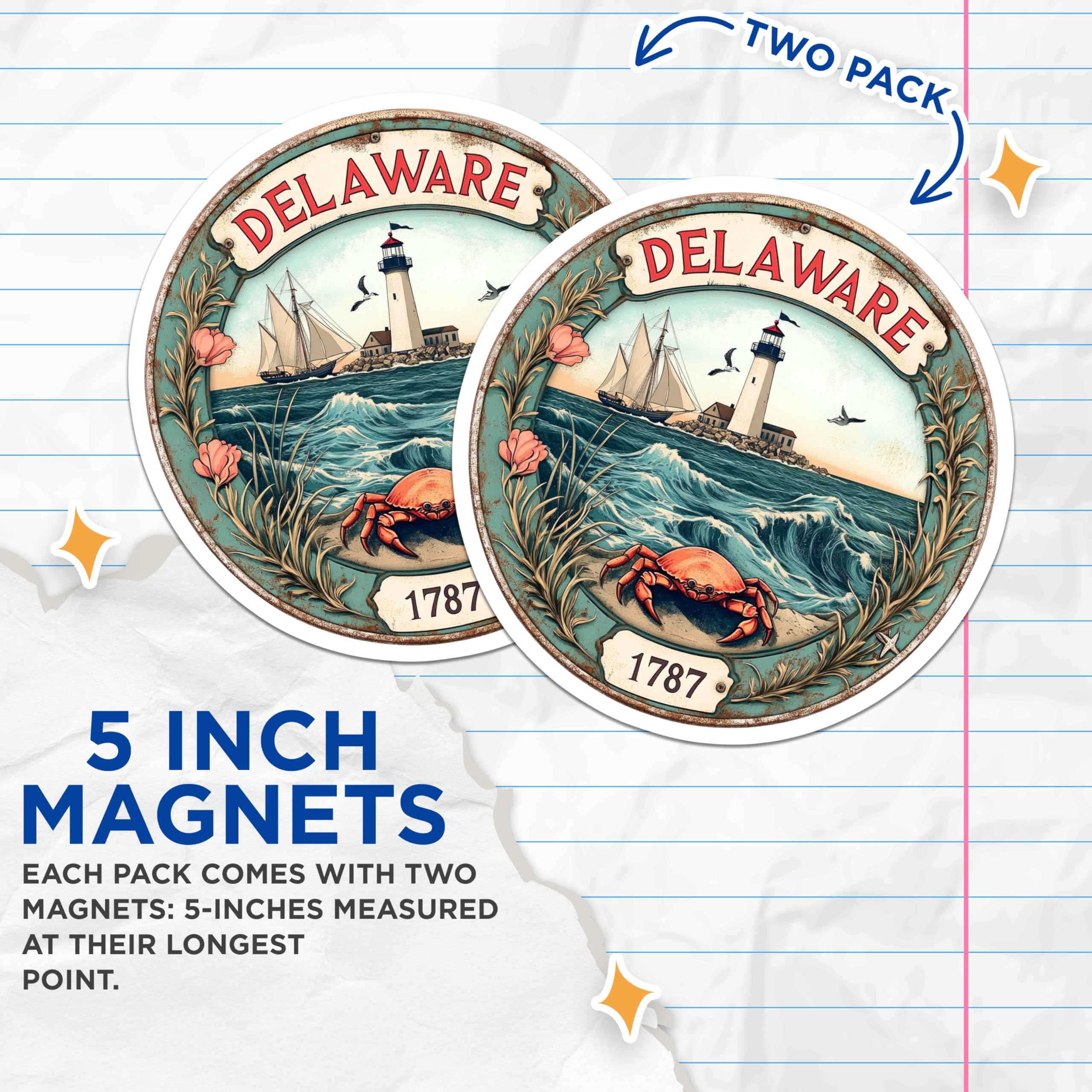 (2 Pack) Delaware State Magnets - Lighthouse Boat Scene - Coastal Kitchen Decor - 5" On Longest Side - Premium Magnet - for Cars, Refrigerators, Toolboxes, Lockers - Made in USA - MAG14778