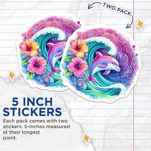 (2 Pack) Dolphin Hibiscus Stickers - Ocean Wave Art - Colorful Mandala Design Decals - 5" On Longest Side - Sticks to Smooth Flat Surfaces - Made in USA - BMCS9481