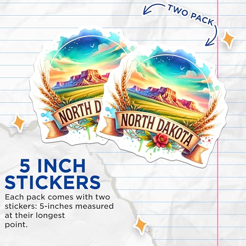 (2 Pack) North Dakota Stickers - Illustrated Scenic Landscape - State Pride - Vibrant Colors - Wanderlust - 5" On Longest Side - Sticks to Smooth Flat Surfaces - Made in USA - BMCS7214