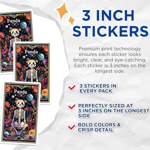 (3 Pack) Panda Tarot Decals - Floral Skeleton - Laptop Car Stickers - 3 Inches On Longest Side - Easy Peel & Apply - Made in USA - 3MCS2454