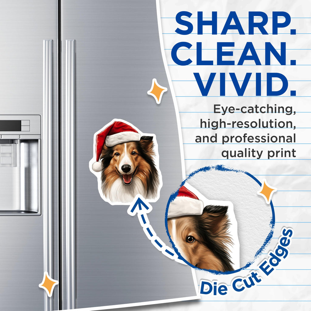 (2 Pack) Shetland Sheepdog Magnets - Happy Sheltie Christmas Decor - Santa Hat Dog Holiday Festive Accent - 5 Inches On Longest Side - Thick Durable Magnet - Made in USA - MAG23718