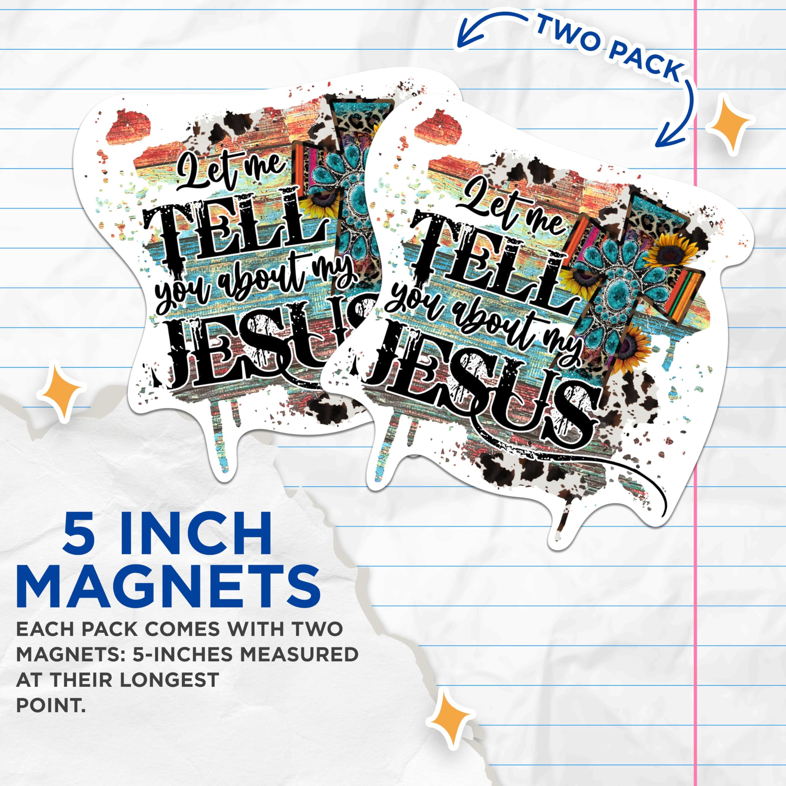 (2 Packs) Let Me Tell You About My Jesus Magnets - Positive Inspirational Christian Magnets - 5 Inch On Longest Side - Premium Magnet - for Fridges, Toolboxes, Cars - Made in USA - MAG2299