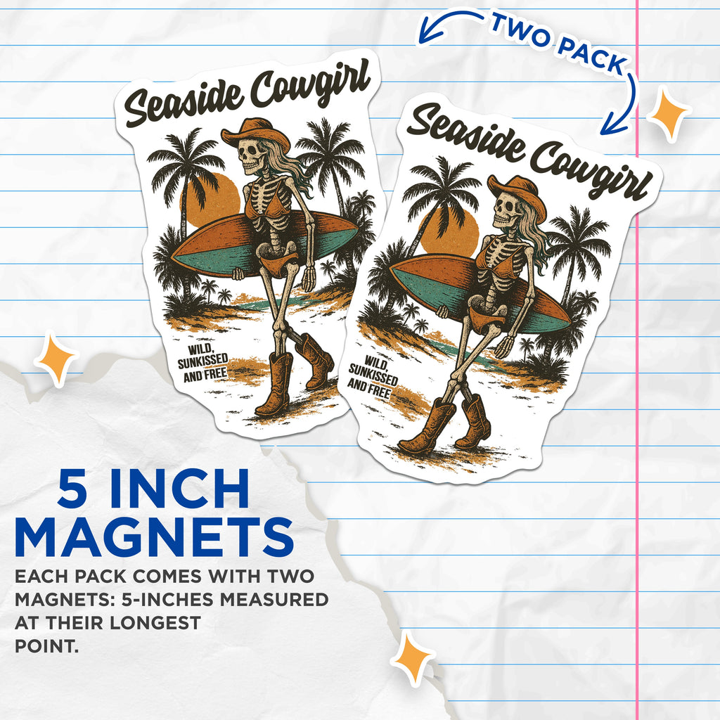 (2 Pack) Seaside Cowgirl Skeleton Magnets - Beach Cowgirl Decor - Retro Surf Magnet - Spooky Western Refrigerator - 5 Inches On Longest Side - Thick Durable Magnet - Made in USA - MAG39105