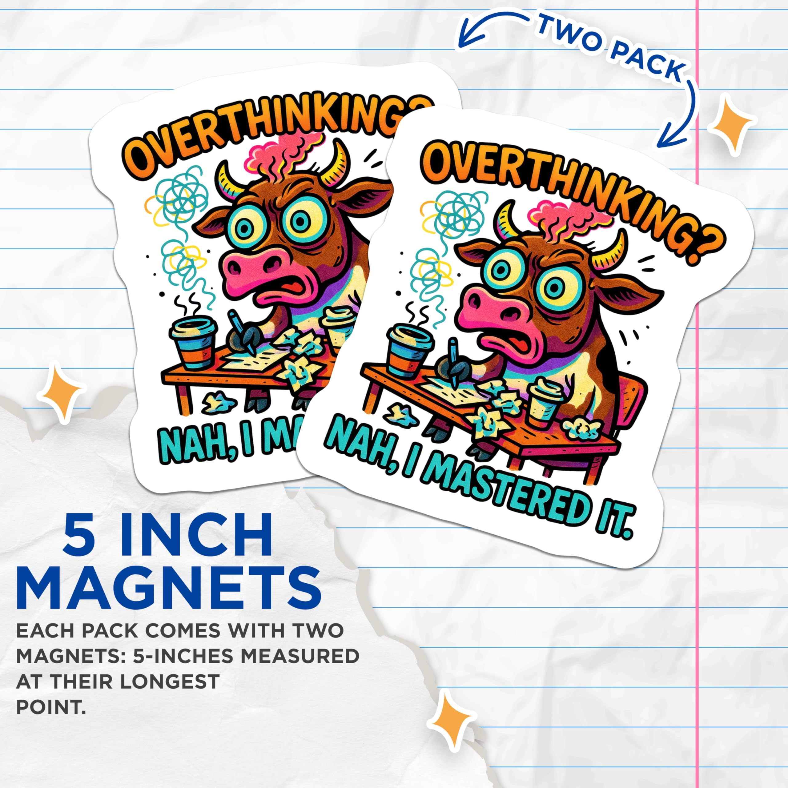 (2 Pack) Overthinking Cow Magnets - Funny Desk Humor - Mastered It Gag - Mental Health Awareness - Cow Lover Decor - 5 Inches On Longest Side - Thick Durable Magnet - Made in USA - MAG22287