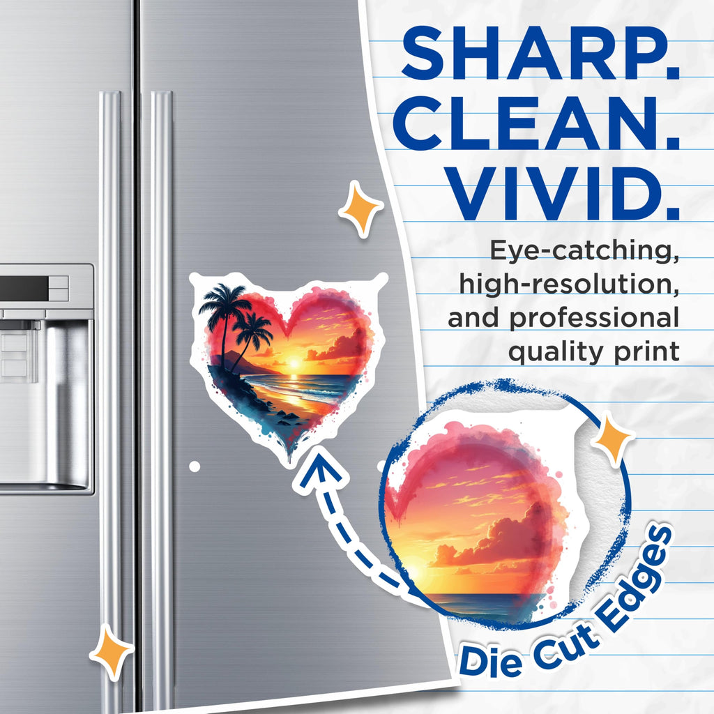 (2 Pack) Heart Beach Magnets - Sunset Palm Tree Ocean Decor - Tropical Vacation Refrigerator Art - 5 Inches On Longest Side - Thick Durable Magnet - Made in USA - MAG27719