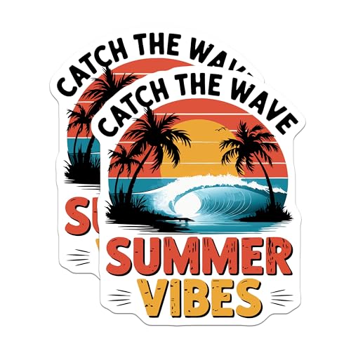 (2 Pack) Catch The Wave Stickers - Summer Vibes - Surfing Adventure - 5" On Longest Side - Sticks to Smooth Flat Surfaces - Made in USA - BMCS5839