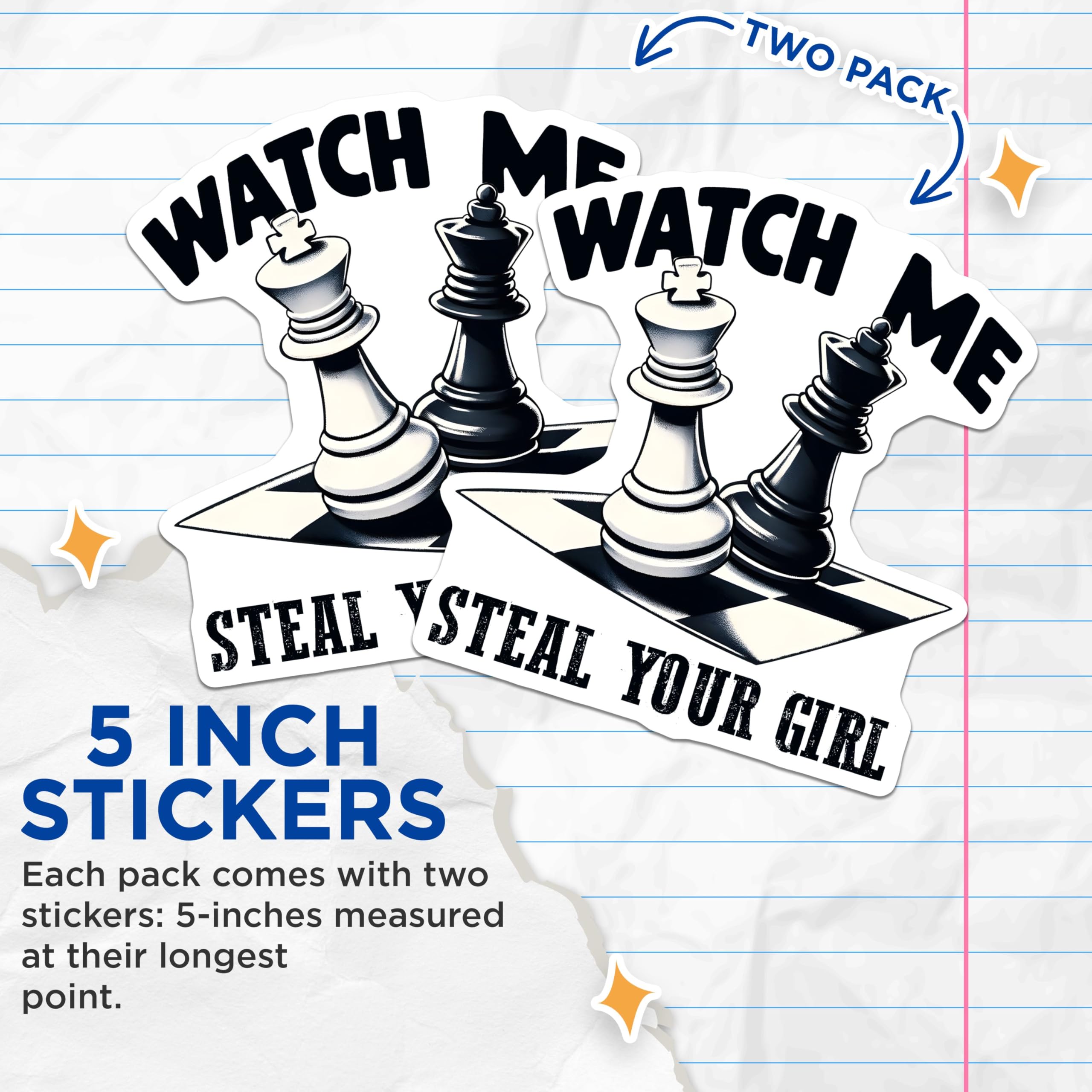 (2 Pack) Watch Me Steal Your Girl Stickers - Funny Chess Stickers - Unique Chessboard Design Stickers - 5" On Longest Side - Sticks to Any Smooth Flat Surface - Made in USA - BMCS3185