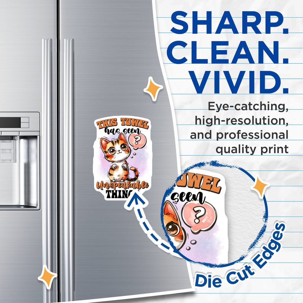 (2 Pack) Funny Cat Magnets - This Towel Has Seen Things Fridge Magnets - Kawaii Kitten Home Decor - Cat Lover Humor Magnet Set - 5" - Durable Magnet - Made in USA - MAG37436