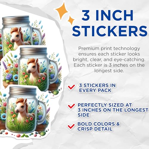 (3 Pack) Horse in Jar Decals - Floral Pony Stickers - Laptop Decals - 3 Inches On Longest Side - Easy Peel & Apply - Made in USA - 3MCS8151
