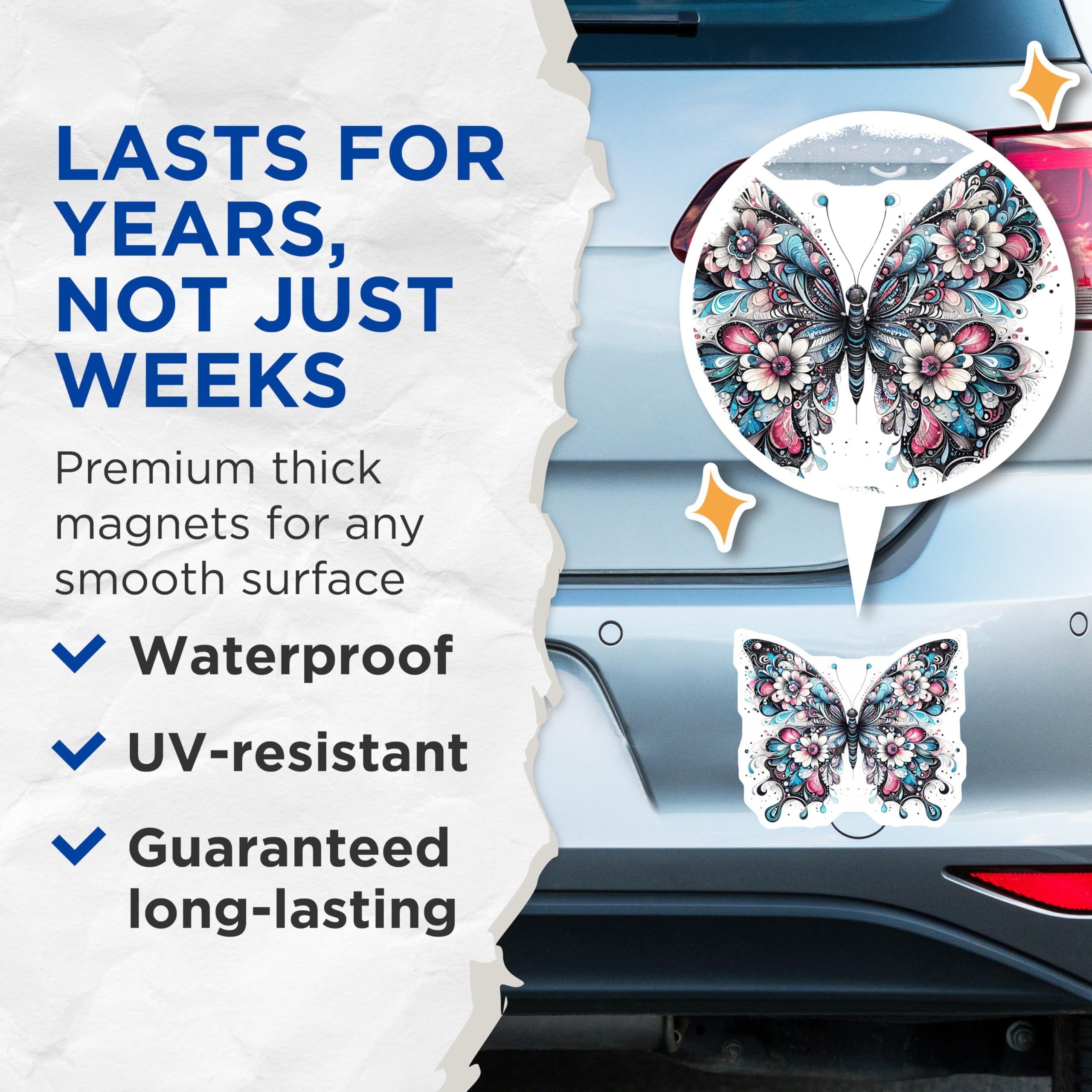 (2 Pack) Butterfly Magnets - Floral Design Decor - Decorative Fridge Refrigerator Magnets - 5" On Longest Side - Premium Magnet - for Cars, Refrigerators, Toolboxes, Lockers - Made in USA - MAG15140