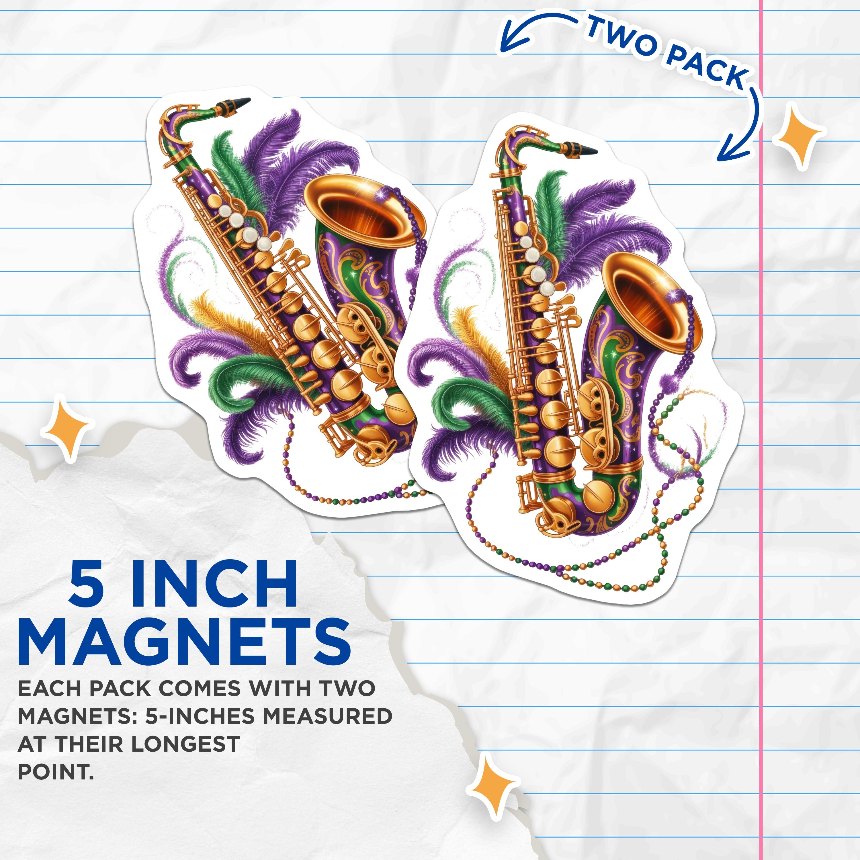(2 Pack) Mardi Gras Saxophone Magnets - New Orleans Decor - Festive Music Celebration - 5 Inches On Longest Side - Thick Durable Magnet - Made in USA - MAG39123