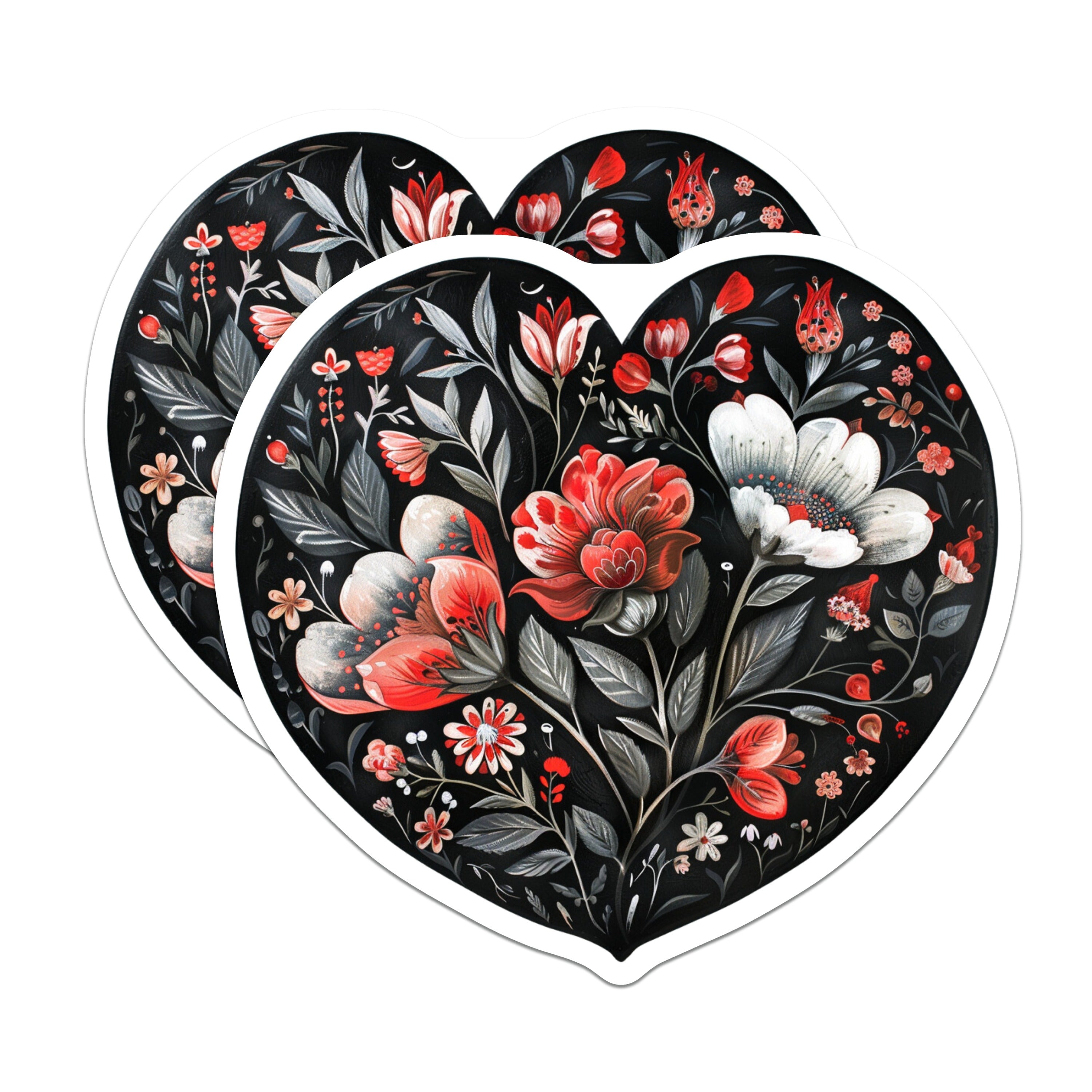 (2 Pack) Dark Floral Heart Magnets - Folk Art Botanical Refrigerator Decor - Romantic Aesthetic Kitchen Accessories for Her - 5 Inches On Longest Side - Thick Durable Magnet - Made in USA - MAG37883