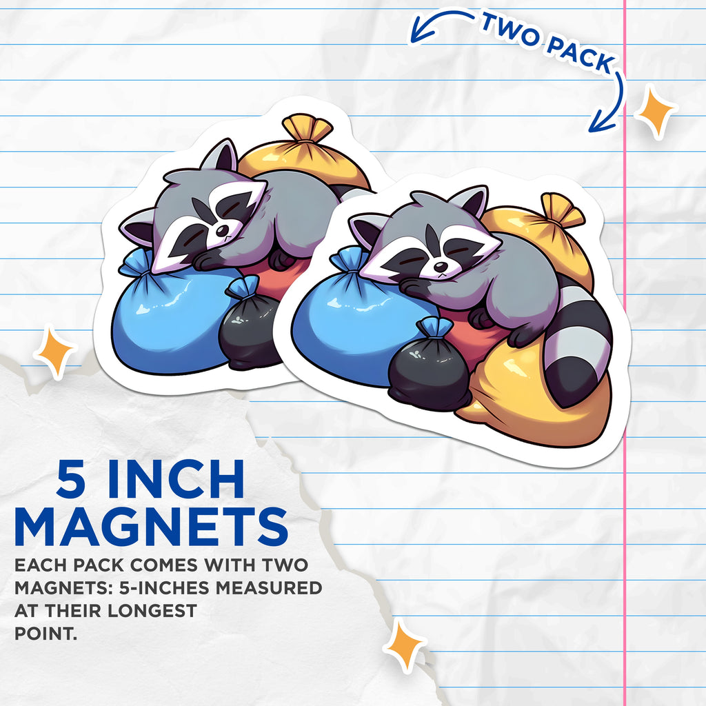 (2 Pack) Sleeping Raccoon Magnets - Trash Panda Refrigerator Decor - Kawaii Animal Locker Accessory - 5 Inches On Longest Side - Thick Durable Magnet - Made in USA - MAG36650